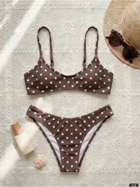 SHEIN Brown White Polka Dot Bikini Set